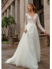 Long Sleeve V Neck Beaded Ivory Eyelash Lace Wedding Dress